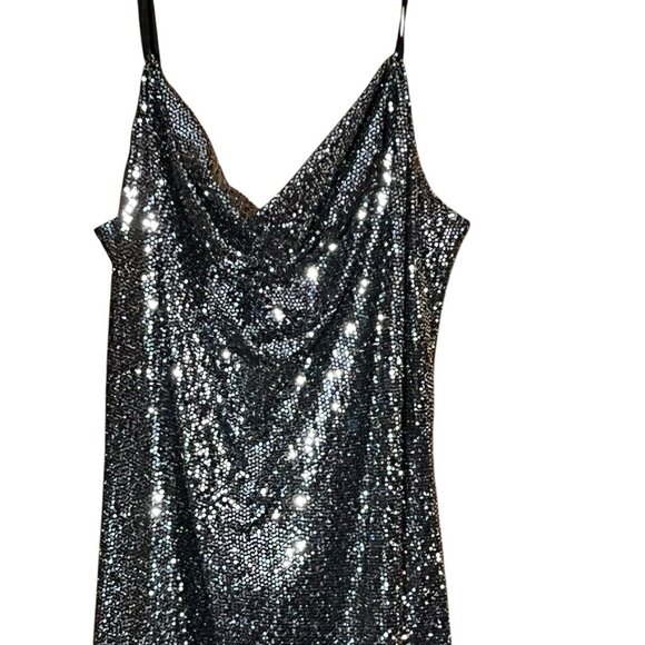 Vtg Y2K BEBE Sequin Silver Dress Cowl Neck Strappy Midi Stretch Sz XL NYE Party - Picture 2 of 6